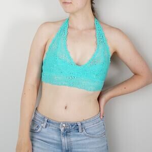 Aerie Lace Halter Bralette Scoop Neck Floral Stretch Bra Turquoise 2010s XS EUC